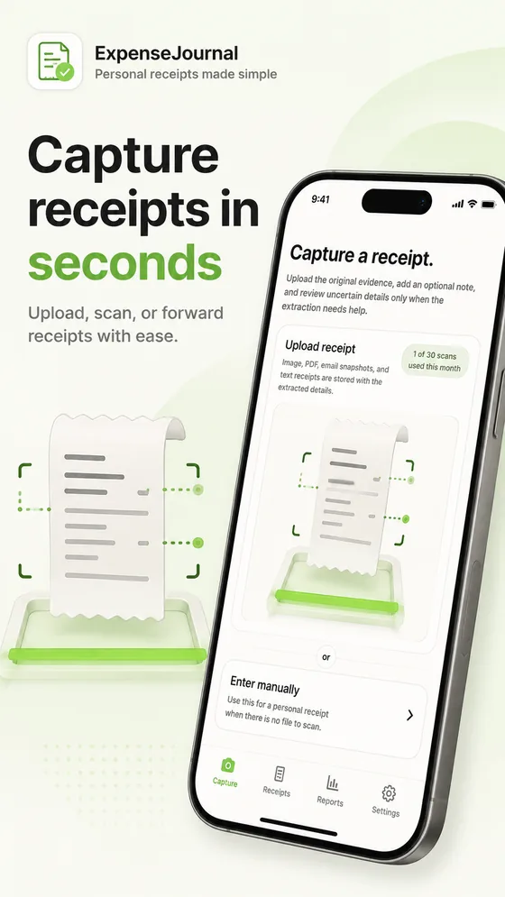 ExpenseJournal screen showing receipt capture for personal records.