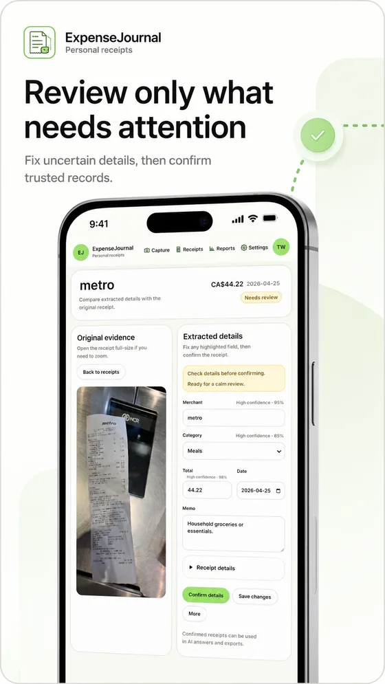 ExpenseJournal screen showing receipt review and confirmation of uncertain extracted fields.