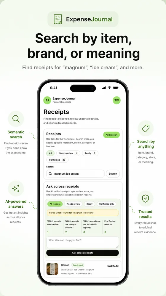 ExpenseJournal screen showing receipt search by item, brand, vendor, or meaning.