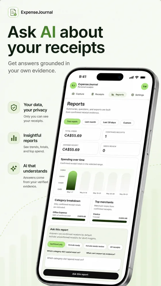 ExpenseJournal screen showing AI-assisted receipt reports grounded in confirmed evidence.