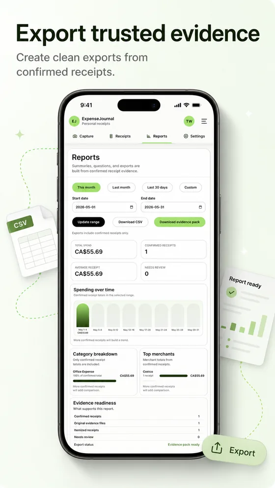 ExpenseJournal screen showing exportable reports from confirmed receipt evidence.