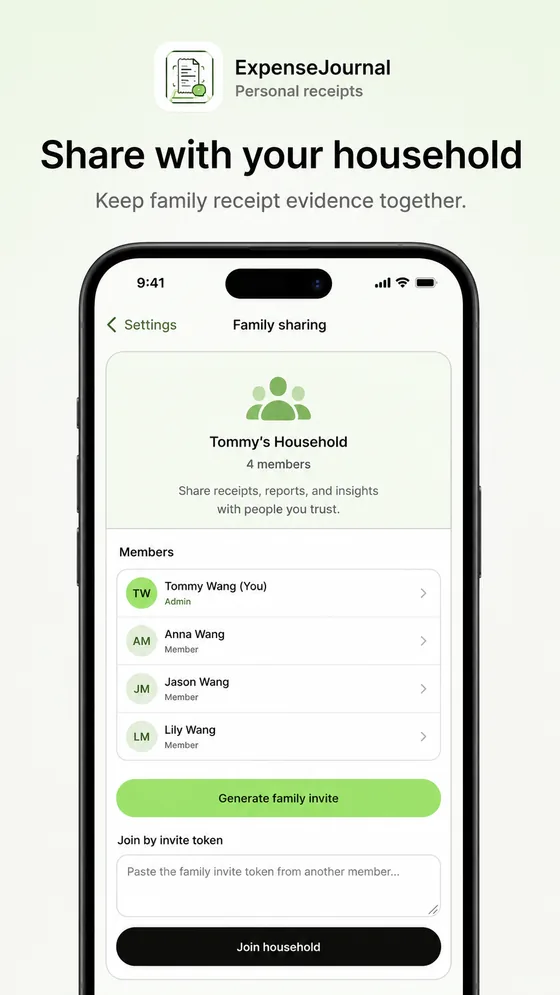 ExpenseJournal screen showing household sharing for receipts, reports, and insights.
