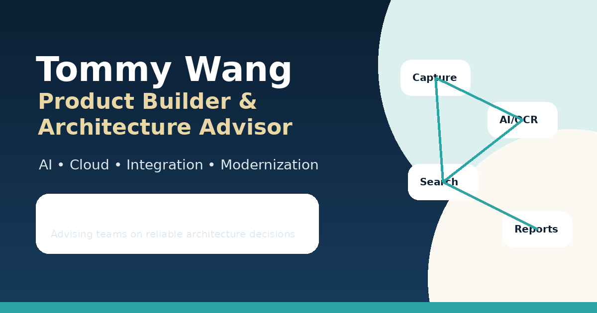 Tommy Wang product builder and architecture advisor social preview banner.