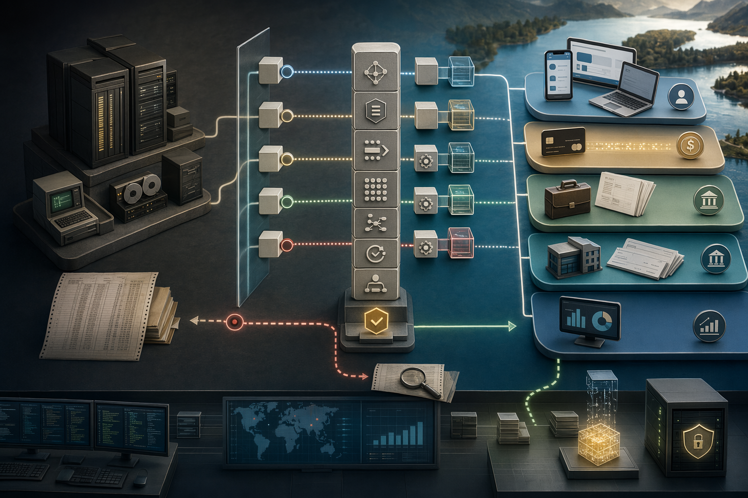 Editorial architecture visual showing core banking systems, system-of-record boundaries, migration paths, rollback, and reconciliation