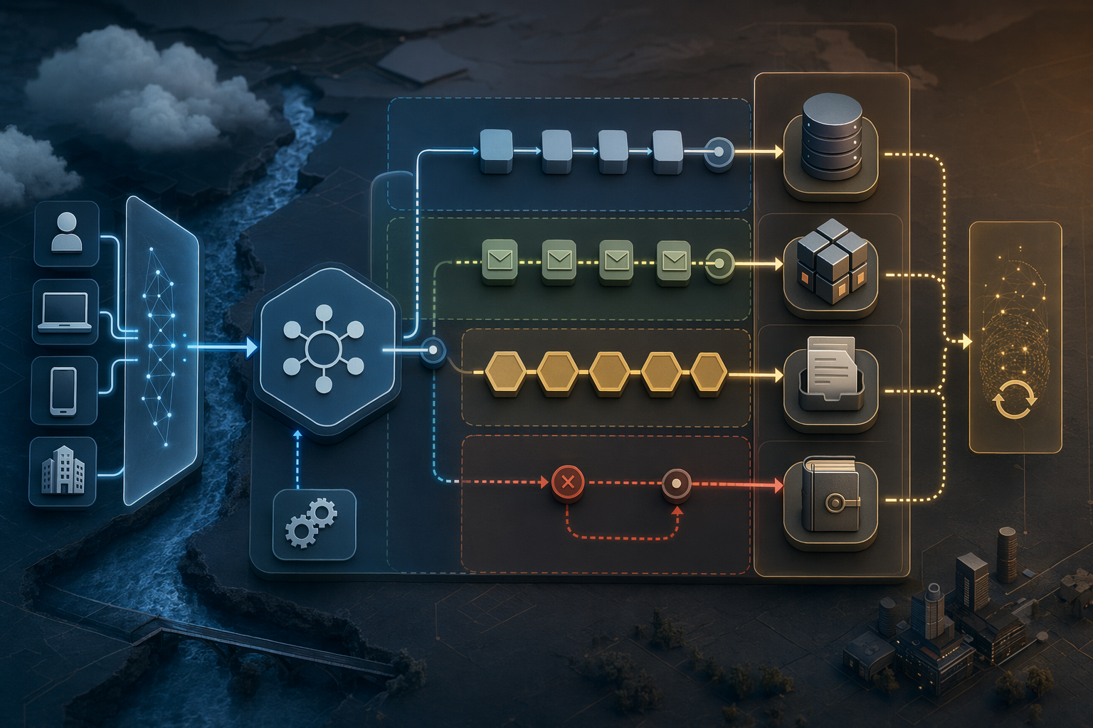 Editorial architecture visual showing service interaction, data flow, contract boundaries, retries, and sync versus async paths