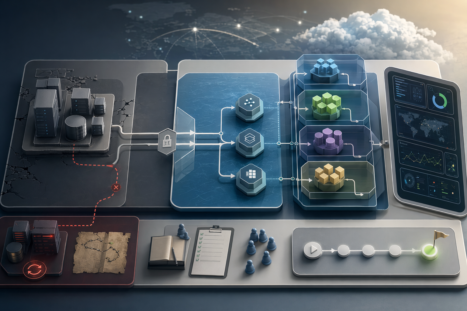 Editorial architecture visual showing cloud topology, modernization sequencing, observability, and rollback paths