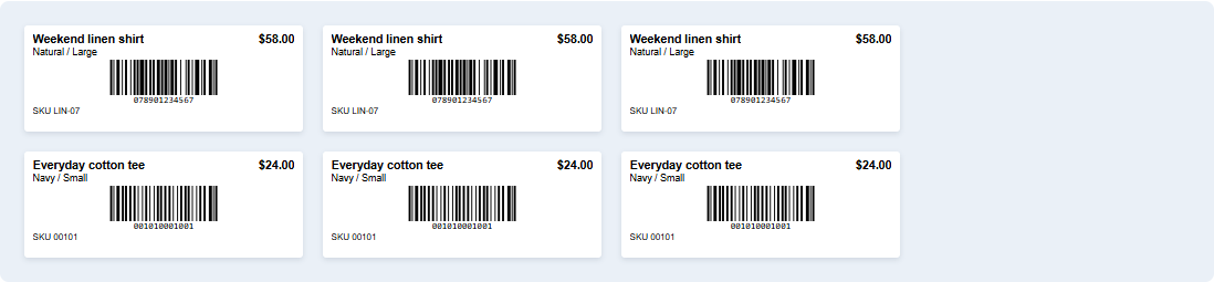 Receiving Labels application preview showing six fictional labels: three linen shirts and three cotton tees, with product text, barcodes and SKUs.